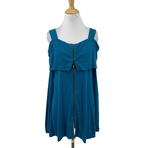 Soft Surroundings Top Women M Medium Teal Zip Front Cold Shoulder Long Sleeve - Picture 1 of 13